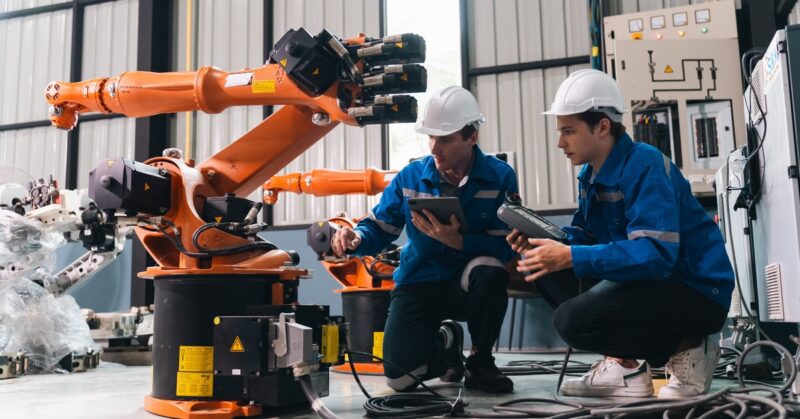 A close-up of two workers in white hard hats kneeling beside an orange robotic arm and cables near a control panel. Equipment Repairs