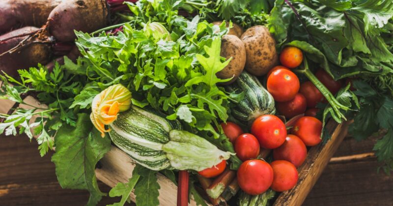 A wooden crate filled with fresh garden vegetables, including tomatoes, zucchini, leafy greens, and root crops.