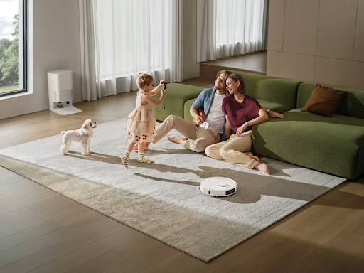 Parents sitting on the floor with a child playing. Smart Home Maintenance