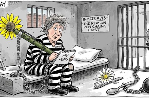 cartoon of woman holding the Olight O'Pen 3 in prison