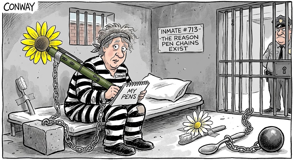 cartoon of woman holding the Olight O'Pen 3 in prison