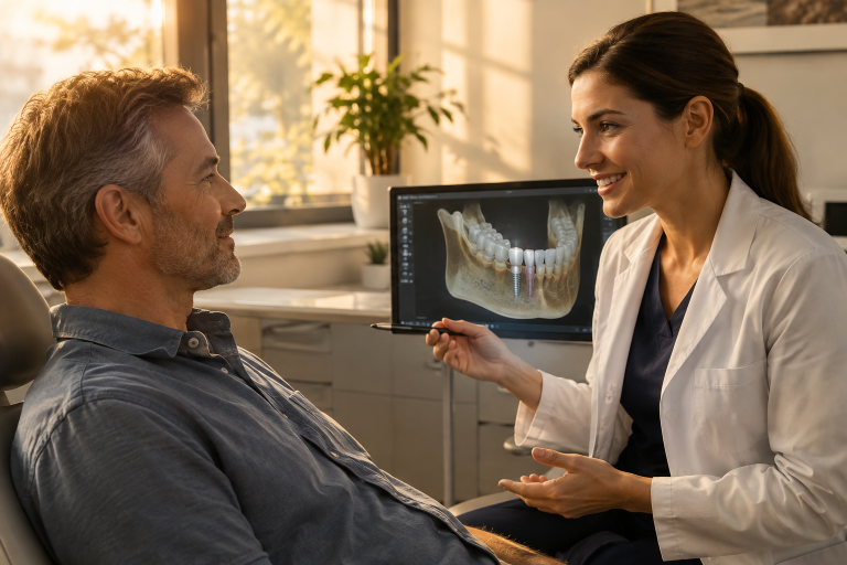 Dentist showing a bone graph to a patient. Jawbone Loss