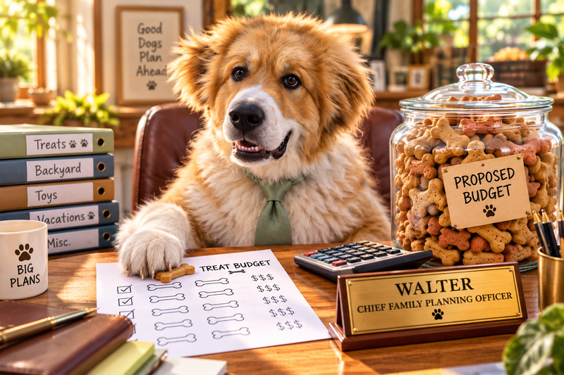  Walter the chief family planning officer. Puppy sitting behind a desk. 