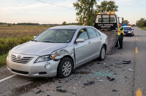 tow truck taking a car away with a police car in the background