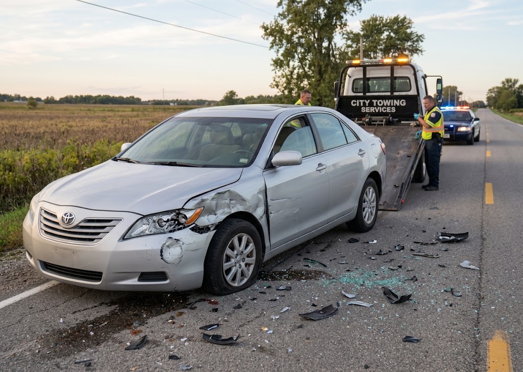 tow truck taking a car away with a police car in the background